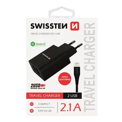 SWISSTEN SÍŤOVÝ ADAPTÉR SMART IC 2x USB 2,1A POWER + DATOVÝ KABEL USB / LIGHTNING 1,2 M, ČERNÁ