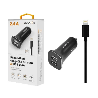 Nabíječka do auta ALIGATOR pro iPh 5/6/7/8 s 2xUSB výstupem 2,4A, Turbo charge, Black