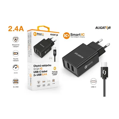 Chytrá síťová nabíječka ALIGATOR 2.4A, 2xUSB, smart IC, USB-C kabel 2A, černá