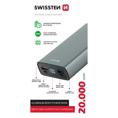 Power Banka Swissten Aluminium 20000 mAh 20W Power Delivery, šedá