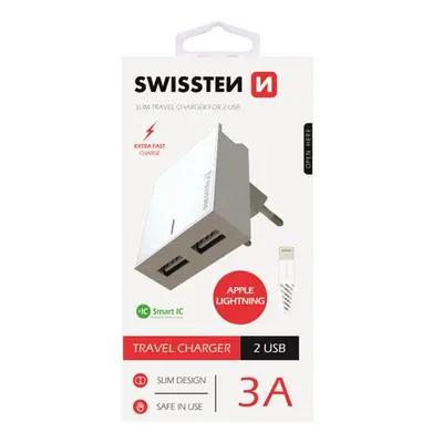 SWISSTEN SÍŤOVÝ ADAPTÉR SMART IC 2x USB 3A POWER + DATOVÝ KABEL USB / LIGHTNING 1,2 M, BÍLÁ