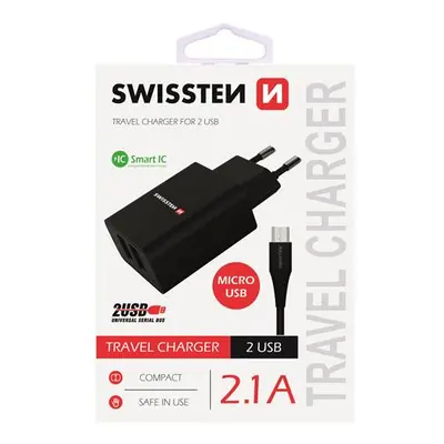 SWISSTEN SÍŤOVÝ ADAPTÉR SMART IC 2x USB 2,1A POWER + DATOVÝ KABEL USB / MICRO USB 1,2 M, ČERNÁ