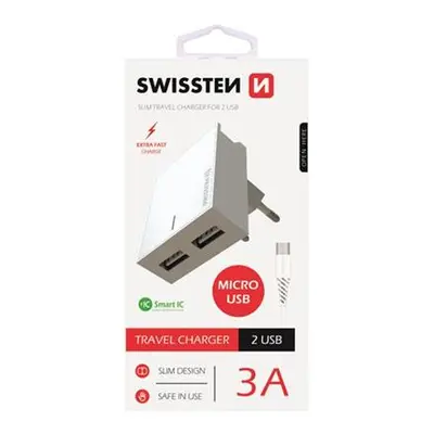 SWISSTEN SÍŤOVÝ ADAPTÉR SMART IC, CE 2x USB 3A POWER BÍLÝ + DATOVÝ KABEL SWISSTEN USB / MICRO US