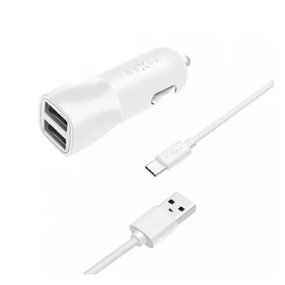 Set autonabíječky FIXED s 2xUSB výstupem a USB/USB-C kabelu, 1m, 15W Smart Rapid Charge, bílá