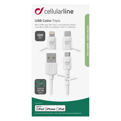 USB kabel CellularLine se 3 adaptéry Lightning+Micro USB+USB-C, bílý