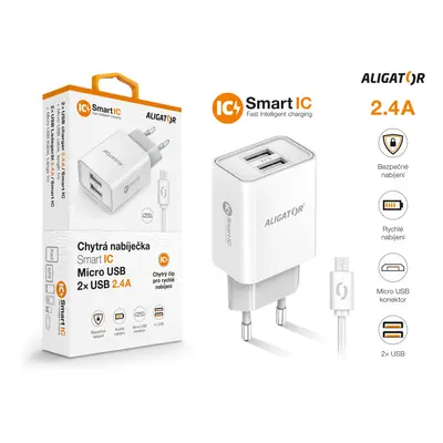 Chytrá síťová nabíječka ALIGATOR 2.4A, 2xUSB, smart IC, Micro USB kabel 2A, bílá