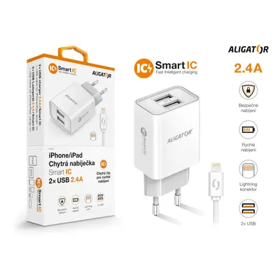 Chytrá síťová nabíječka ALIGATOR 2.4A, 2xUSB, smart IC, kabel pro iPhone/iPad 2A, bílá