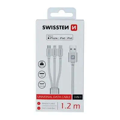 Datový kabel Swissten textile 3in1, MFi, 1,2m, stříbrný