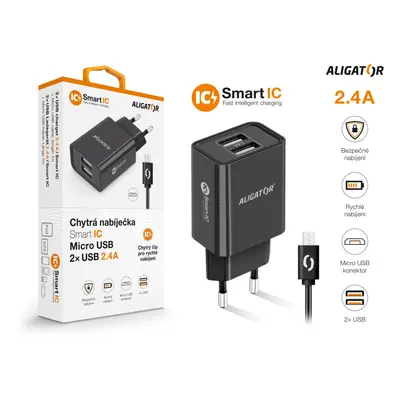 Chytrá síťová nabíječka ALIGATOR 2.4A, 2xUSB, smart IC, Micro USB kabel 2A, černá