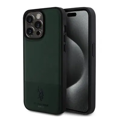 Zadní kryt U.S. Polo PU Leather Mesh Pattern Double Horse pro Apple iPhone 15, green