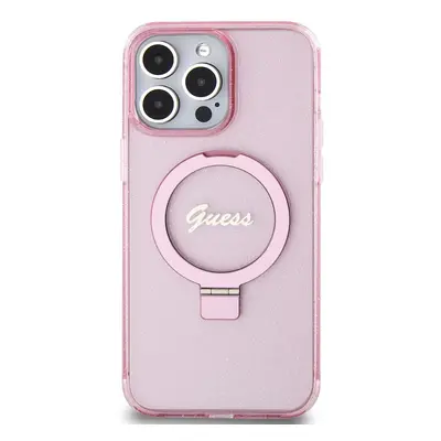 Zadní kryt Guess IML Ring Stand Glitter MagSafe pro Apple iPhone 15 Pro, růžová