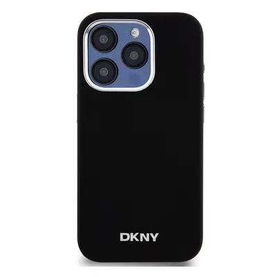 Zadní kryt DKNY Liquid Silicone Silver Metal Logo Magsafe pro Apple iPhone 15 Pro, černá