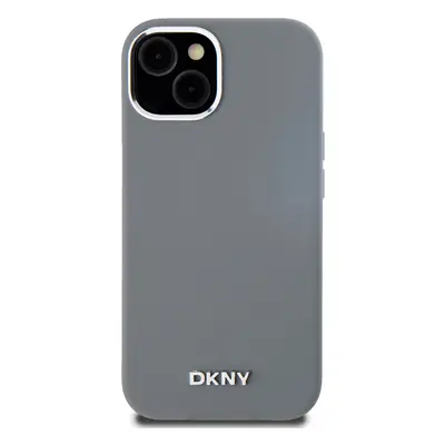 Zadní kryt DKNY Liquid Silicone Silver Metal Logo Magsafe pro Apple iPhone 15, šedá