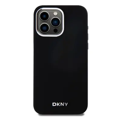 Zadní kryt DKNY Liquid Silicone Silver Metal Logo Magsafe pro Apple iPhone 15 Pro Max, černá