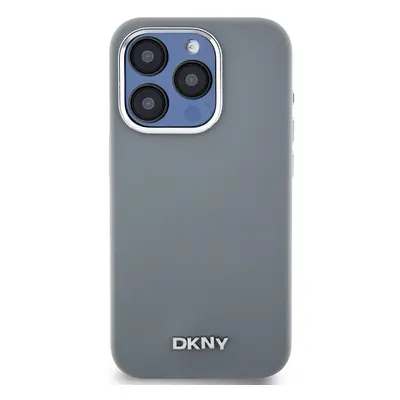 Zadní kryt DKNY Liquid Silicone Silver Metal Logo Magsafe pro Apple iPhone 15 Pro, šedá