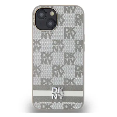 Zadní kryt DKNY PU Leather Checkered Pattern and Stripe pro Apple iPhone 14, béžová