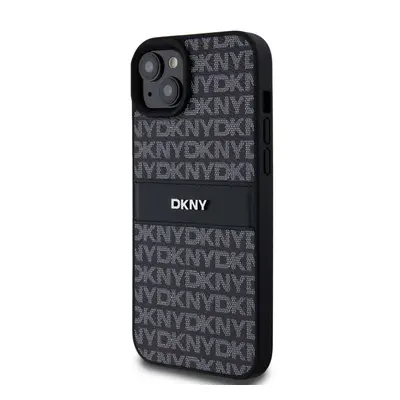 Zadní kryt DKNY PU Leather Repeat Pattern Tonal Stripe pro Apple iPhone 15 Plus, černá