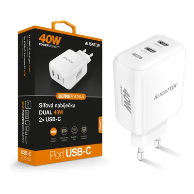 Aligator chytrý síťový adaptér, Power Delivery 40W, 2xUSB-C, bílá