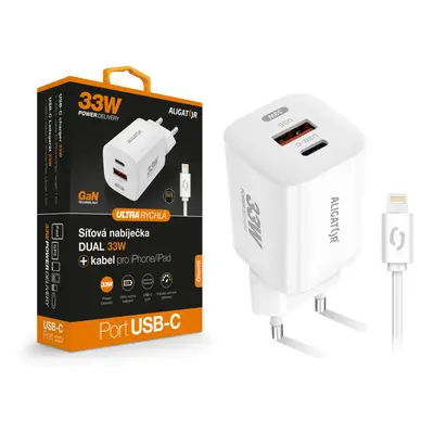 Aligator chytrý síťový adaptér GaN, Power Delivery 33W, USB-C/Lightning kabel, bílá