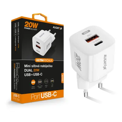 Aligator Mini chytrý síťový adaptér Power Delivery 20W USB + USB-C, bílá