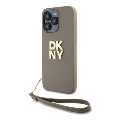 Zaní kryt DKNY PU Leather Stack Logo Wrist Strap pro Apple iPhone 14 Pro, béžová