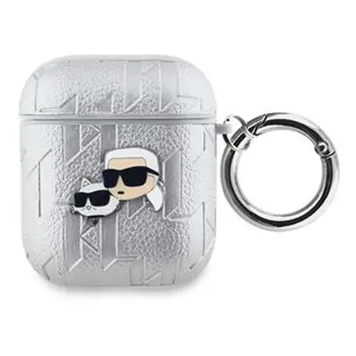 Pouzdro Karl Lagerfeld PU Embossed Choupette Heads pro AirPods 1/2, stříbrná