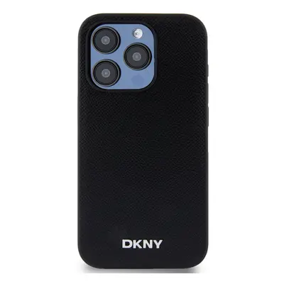 Zadní kryt DKNY PU Leather Silver Metal Logo Magsafe pro Apple iPhone 15 Pro, černá