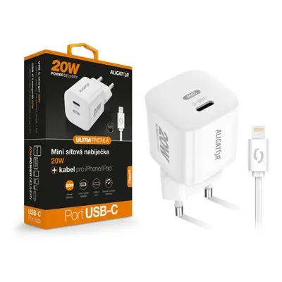 Aligator Mini chytrý síťový adaptér, Power Delivery 20W, USB-C/Lightning kabel, bílá