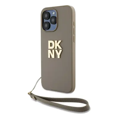 Zaní kryt DKNY PU Leather Stack Logo Wrist Strap pro Apple iPhone 15 Pro, béžová