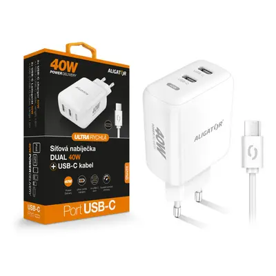 Aligator chytrý síťový adaptér, Power Delivery 40W, 2xUSB-C, USB-C/USB-C kabel, bílá