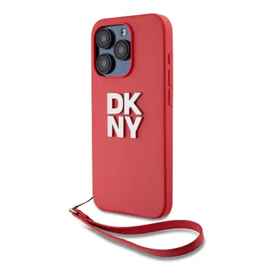 Zaní kryt DKNY PU Leather Stack Logo Wrist Strap pro Apple iPhone 14 Pro Max, červená