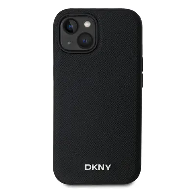 Zadní kryt DKNY PU Leather Silver Metal Logo Magsafe pro Apple iPhone 14, černá