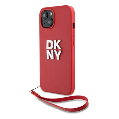 Zaní kryt DKNY PU Leather Stack Logo Wrist Strap pro Apple iPhone 14, růžová