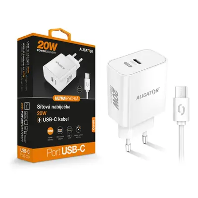 Aligator Power Delivery 20W chytrá síťová nabíječka USB-C, USB-C/USB-C kabel, bílá