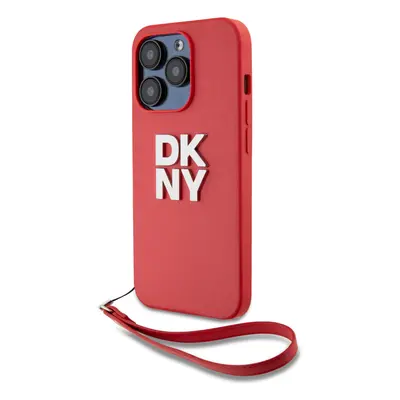 Zaní kryt DKNY PU Leather Stack Logo Wrist Strap pro Apple iPhone 14 Pro, červená