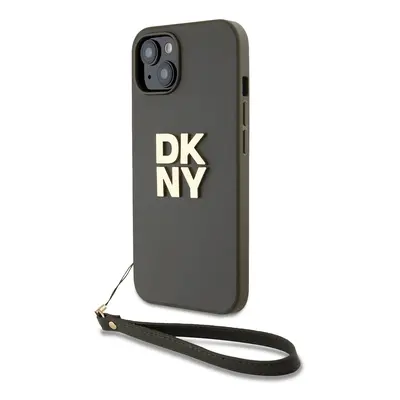 Zaní kryt DKNY PU Leather Stack Logo Wrist Strap pro Apple iPhone 15, zelená