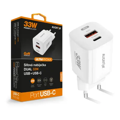 Aligator chytrý síťový adaptér GaN, Power Delivery 33W USB + USB-C, bílá