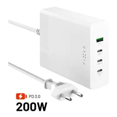 Síťová GaN nabíječka FIXED Charging Station s 3xUSB-C a USB výstupem, podpora PD 3.0, 200W, bílá