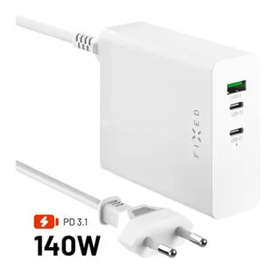 Síťová GaN nabíječka FIXED Charging Station s 2xUSB-C a USB výstupem, podpora PD 3.1, 140W, bílá