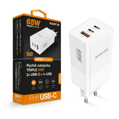 Aligator GaN, Power Delivery 65W, 2xUSB-C, 1xUSB-A, bílá