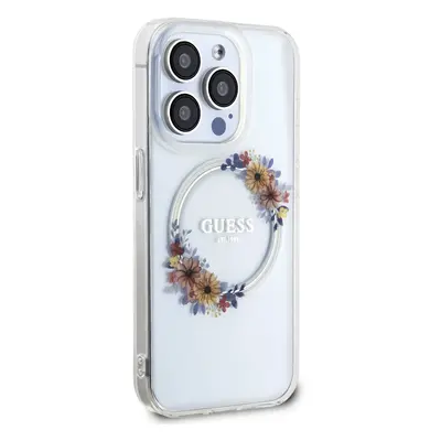 Zadní kryt Guess PC/TPU Flowers Ring Glossy Logo MagSafe pro Apple iPhone 15 Pro, transparentní