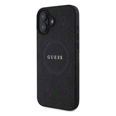 Zadní kryt Guess Saffiano Peony Stamp MagSafe pro Apple iPhone 16, černá