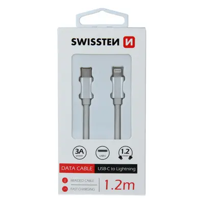 Datový kabel Swissten Textile USB-C/Lightning, 1,2m, stříbrný