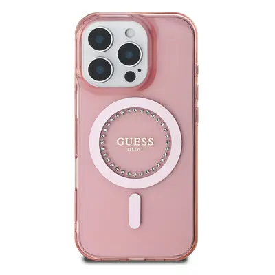 Zadní kryt Guess IML Rhinestones Ring MagSafe pro Apple iPhone 16 Pro Max, růžová