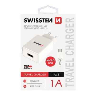 SWISSTEN SÍŤOVÝ ADAPTÉR SMART IC 1x USB 1A POWER + DATOVÝ KABEL USB / MICRO USB 1,2 M, BÍLÁ