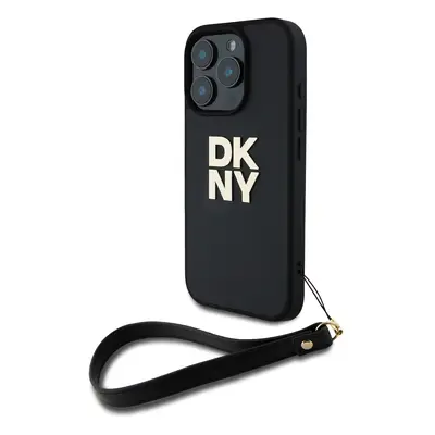 Zaní kryt DKNY PU Leather Stack Logo Wrist Strap pro Apple iPhone 16 Pro, černá