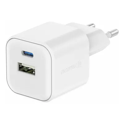 SWISSTEN SÍŤOVÝ ADAPTÉR GaN 1x USB-C 20W PD A 1x USB-A 18W QC BÍLÝ