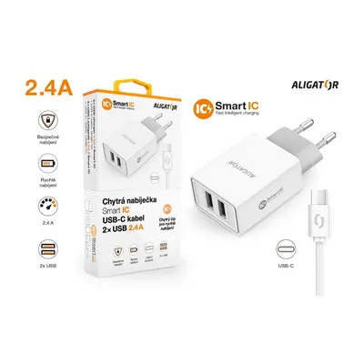 Chytrá síťová nabíječka ALIGATOR 2.4A, 2xUSB, smart IC, USB-C kabel 2A, bílá