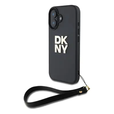 Zaní kryt DKNY PU Leather Stack Logo Wrist Strap pro Apple iPhone 16, černá