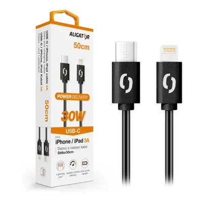 Datový kabel Aligator Power 30W, USB-C/Lightning 3A, 0,5m černá